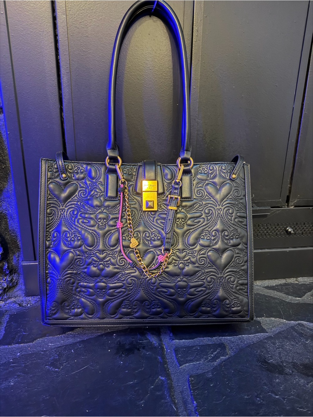 Betsey Johnson Black Embossed Heart & Skull Tote with Gold Hardware